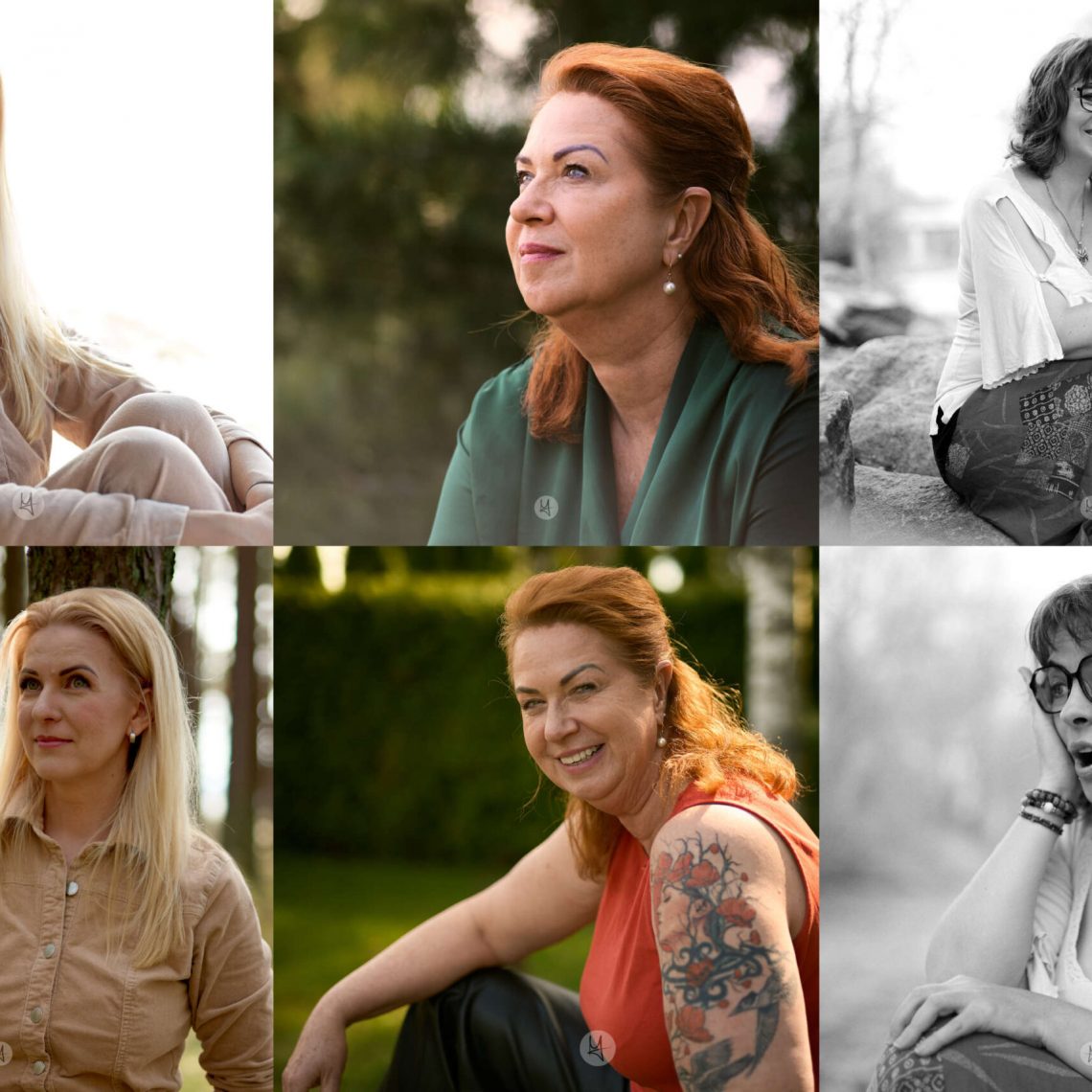 6 photos of my last photoshoots in a collage showing three different women. 4 photos are color, the other 2 are black and white. All portraits.